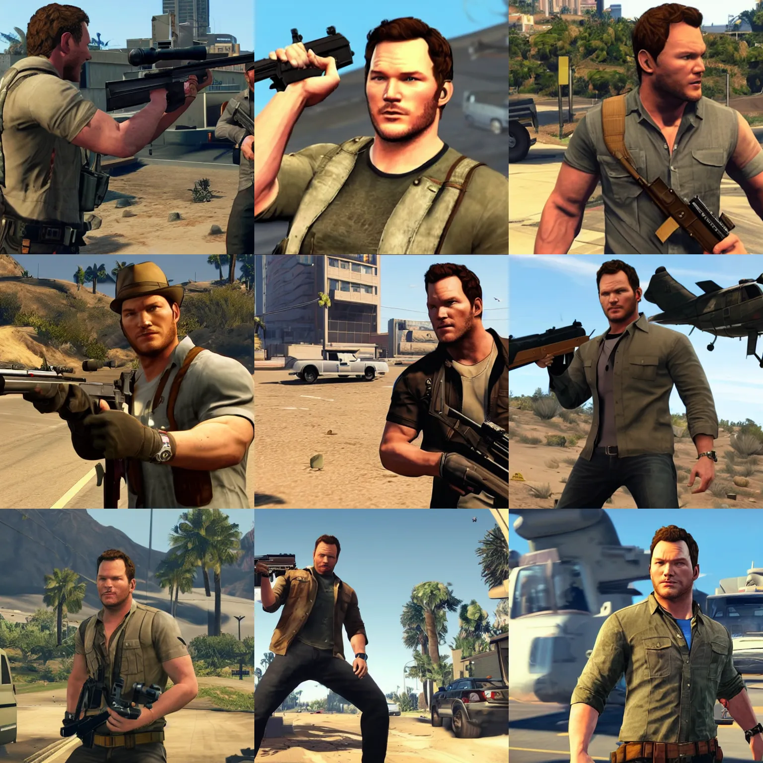 Prompt: chris pratt with a machine gun gta v style