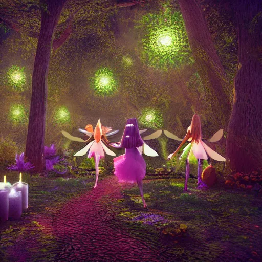 Image similar to fairies meeting in enchanted forest, starry night, art station inspired, octane render, 8 k, - hd