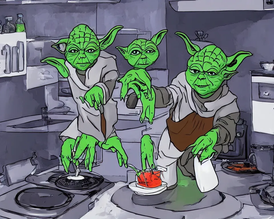 Image similar to yoda hosts a cooking show, scene from a horror movie