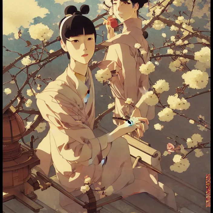 Image similar to japanese city, spring, in the style of studio ghibli, j. c. leyendecker, greg rutkowski, artem