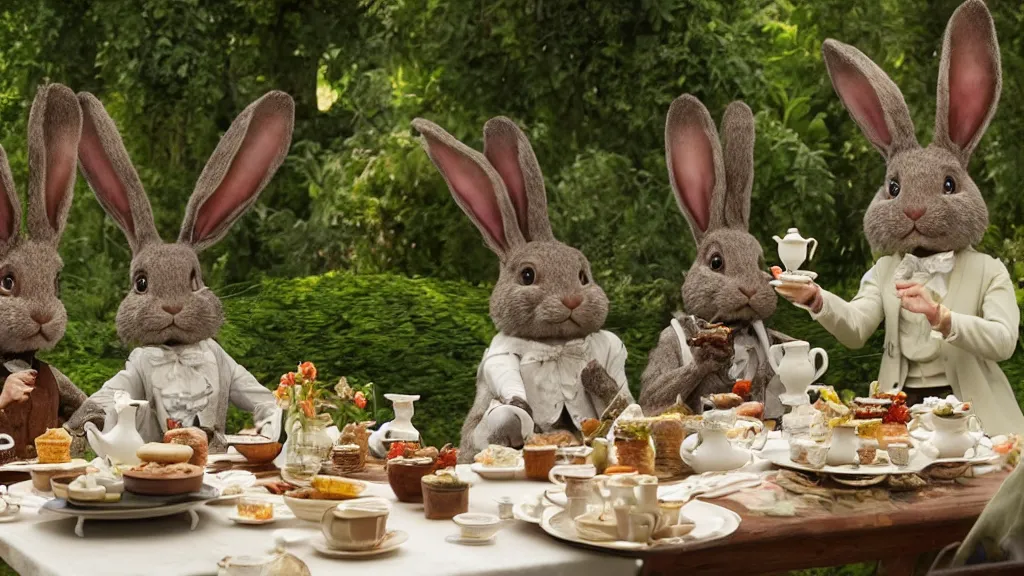 Image similar to film still from the movie chappie outdoor park plants garden scene bokeh depth of field several figures sitting down at a table having a delicious grand victorian tea party crumpets furry anthro anthropomorphic stylized rabbit bunny