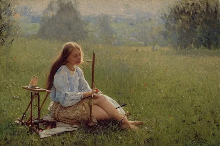 Prompt: Peasant girl sitting in grass and drawing on a canvas on an easel, cottage core, cinematic focus, Polaroid photo, vintage, soft lighting, foggy, by Steve hanks, by serov valentin, by Andrei tarkovsky, detailed, oil on canvas