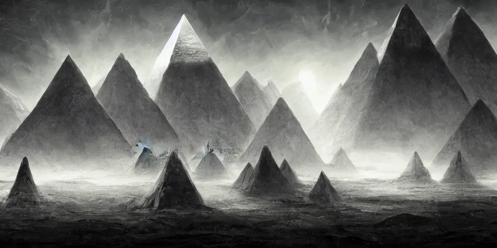 Image similar to stygian beautiful painting of a landscape with levitating obsidian alien pyramids with by kim jakobsson, takato yamamoto, clement - auguste andrieux and santiago caruso trending on artstation sunshine rays cryengine behance hd 8 k 3 d 8 k resolution photoillustration ambient occlusion, stars with lasers, nyarlathotep by arrivabene