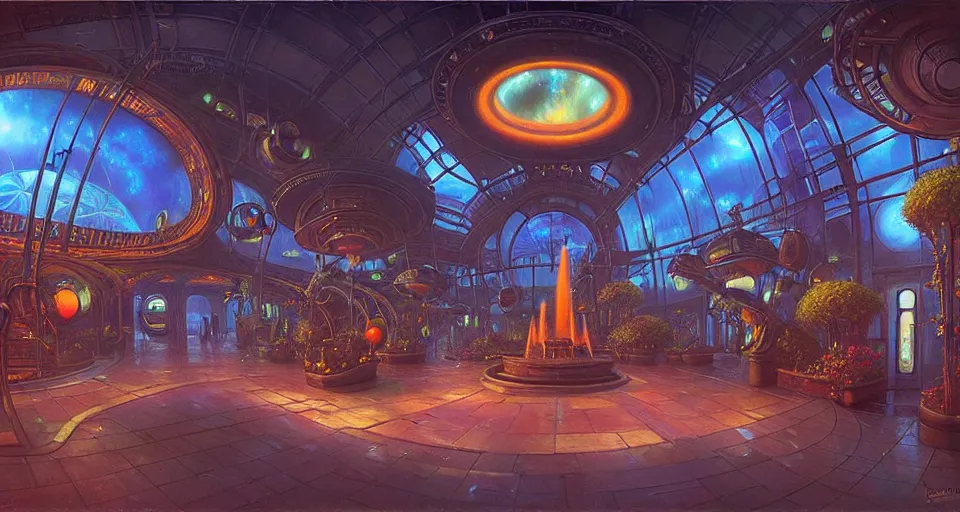 Prompt: fish eye lens a bright minimalist bioluminescent oil painting by donato giancola, warm coloured, cinematic scifi luxurious futuristic foggy steam filled victorian garden mall interior with microscopy radial windows flowers growing out of pretty bulbous ceramic fountains, gigantic pillars and flowers, maschinen krieger, beeple, star trek, star wars, ilm, atmospheric perspective