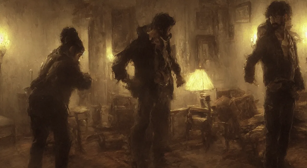 Image similar to a man with black hair and beard, wearing a black jacket, white shirt and jeans, trying to desperately escape a white, dimly lit room, highly detailed painting by gaston bussiere, craig mullins, 8 k