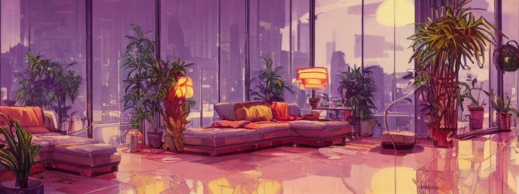 Image similar to concept art, retro - futurist penthouse, night - time, designer furniture, high ceiling, 6 0 s colour palette, plants, flowers, floor lamps, multi - level, reflections, soft lighting, city view, bladerunner, james jean, syd mead, akihiko yoshida, cinematic