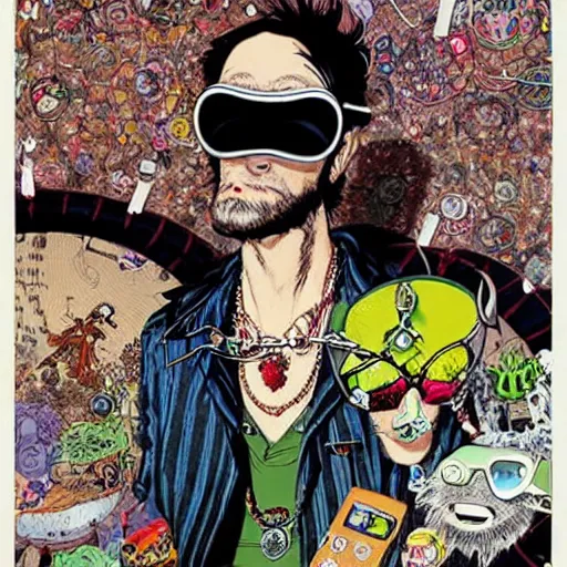 Image similar to a eccentric goth guy wearing goggles and eclectic jewelry, aesthetic!!!, by geof darrow, by jamie hewlett,