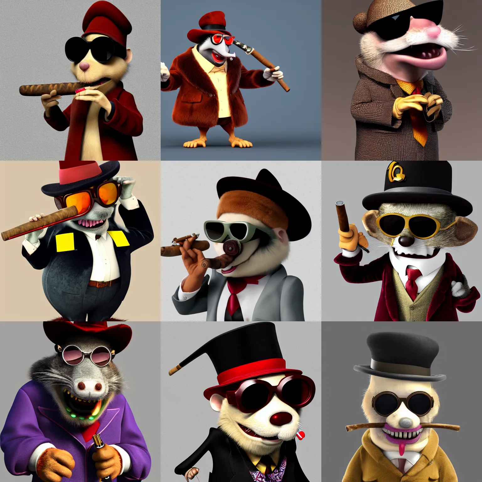 Prompt: anthropomorphic gangster rat with a large cigar in its mouth wearing a velvet fur coat, wearing sunglasses and a hat, detailed, 3d render, pixar