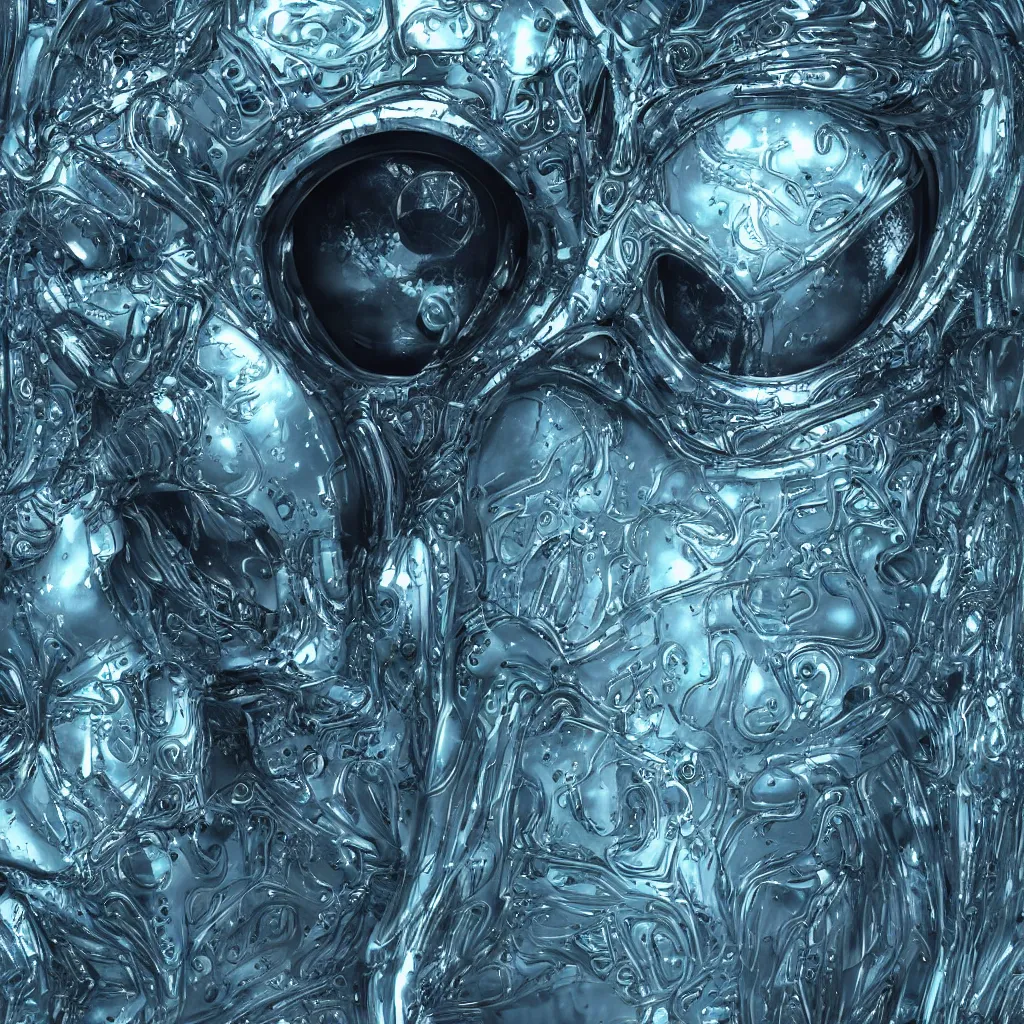 Image similar to an insanely detailed cibernetic artwork of a futuristic artificial intelligence superstar, extremely detailed water texture, centered image, perfectly symmetrical alien face, with frames made of detailed fractals, octane render, 4k, insanely detailed, detailed grid as background, photorealistic digital art, hyper realism, high detail, cgi