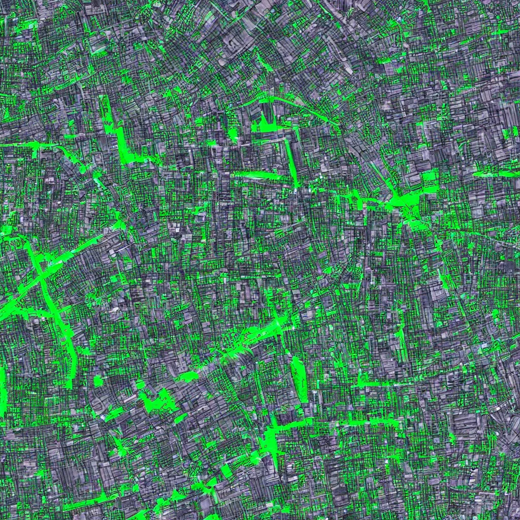 Prompt: satellite view imagery of advanced alien civilisation with large public transport. Green glowing factory. Extreme zoom, housed visible.