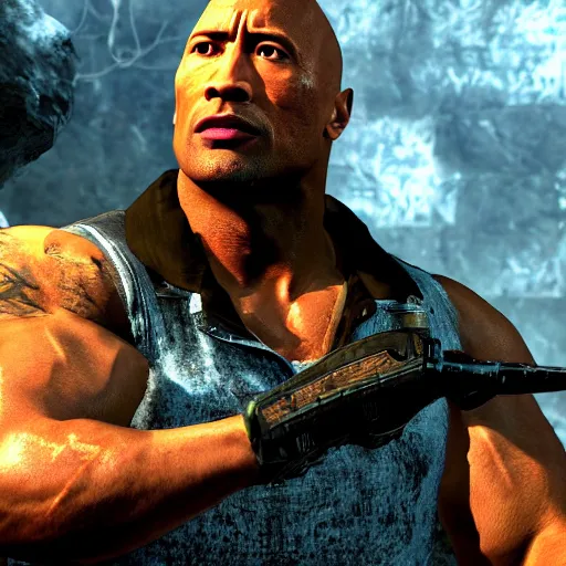 Prompt: dwayne the rock johnson, dwayne the rock johnson in the call of duty zombies map tranzit, black ops 2 tranzit, screenshot