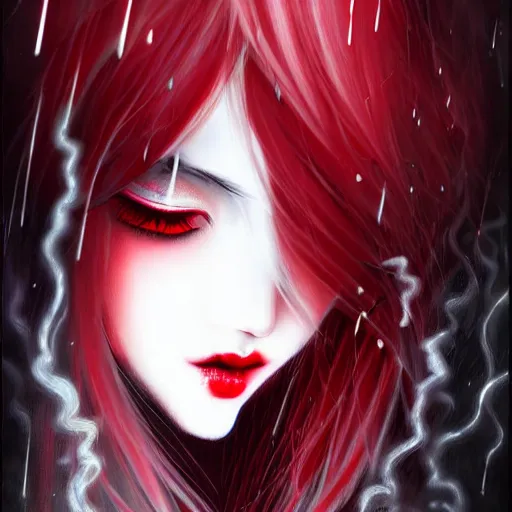 Prompt: beautiful seductive female ghost, in the rain, highly detailed, painting, dark red and black color palette, intricate, high quality 3 d anime artstyle, in the style of sana takeda