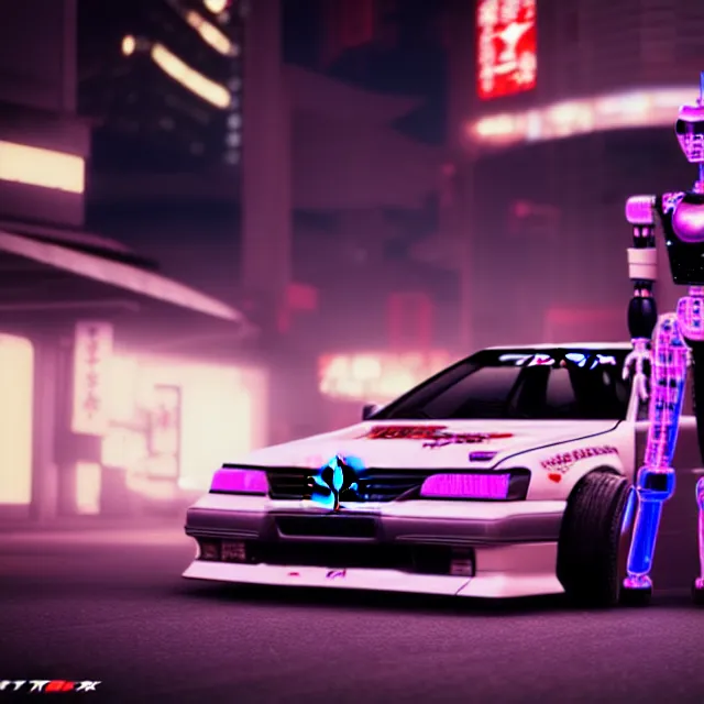 Prompt: toyota jzx 1 0 0 drift with pretty cyberpunk robot girl standing, detailed wheels, shibuya prefecture, cinematic lighting, photorealistic, night photography, octane render by tomino - sama