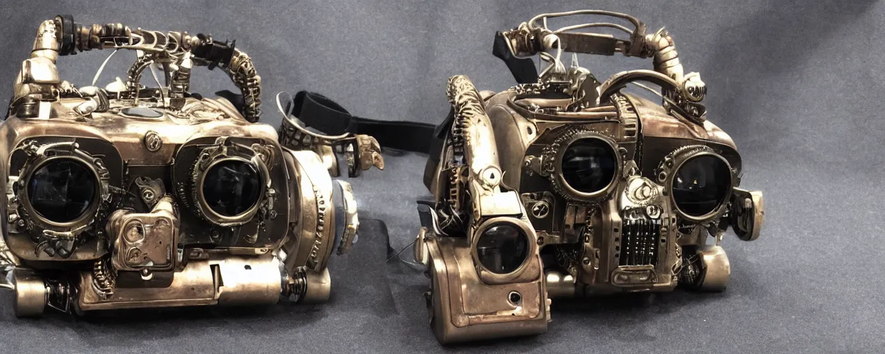 Image similar to vintage photo of advanced complex steampunk VR headset, terminator, robot, borg