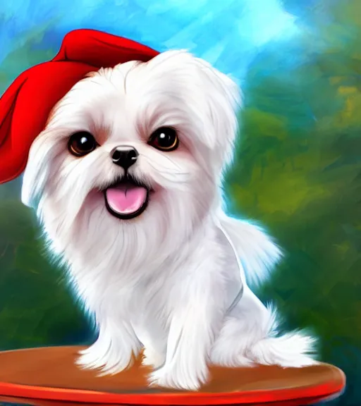 Image similar to small white shihtzu maltese mix dog on a merry go round smiling full color digital illustration in the style of don bluth, artgerm, artstation trending, 4 k