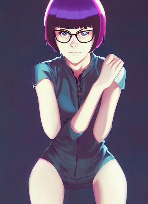 Image similar to Painting of grown-up Velma Dinkley in the style of Ghost in The Shell, beautiful anime art style, winged eyelashes, countryside, calm, fantasy character portrait, dark outlines, dynamic pose, above view, sunny day, artwork by Makoto Shinkai, very coherent asymmetrical artwork, sharp edges, perfect face, simple form, 100mm