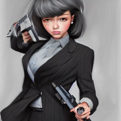 Image similar to a girl wearing a business, she has grey hair and is holding a revolver, digital painting, smooth, hd, realist, artstation, deviantart