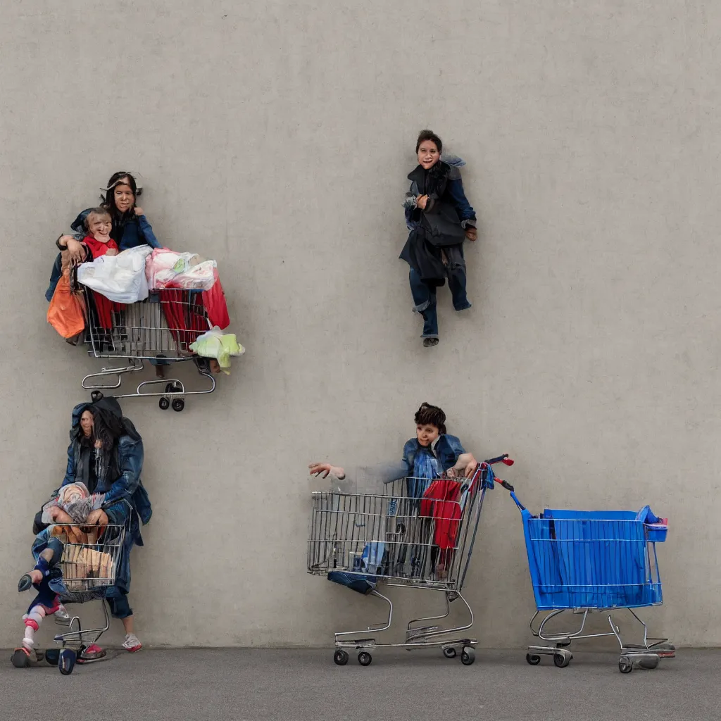 Prompt: homeless mother pushing a shopping cart with a child riding in it, in front of a blank wall, hyperrealistic