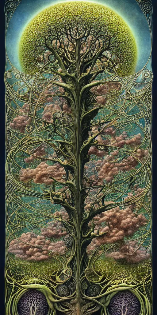 Image similar to tree of life by roger dean and andrew ferez, art forms of nature by ernst haeckel, divine chaos engine, symbolist, visionary, art nouveau, botanical fractal structures, organic, detailed, realistic, surreality