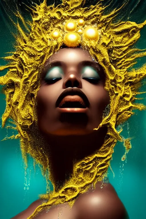 Prompt: hyperrealistic post - dada cinematic very expressive! profile black oshun goddess, emerging from water!!, mirror dripping droplet!, gold flowers, highly detailed face, digital art masterpiece, smooth eric zener cam de leon, dynamic pearlescent teal light, low angle uhd 8 k, sharp focus