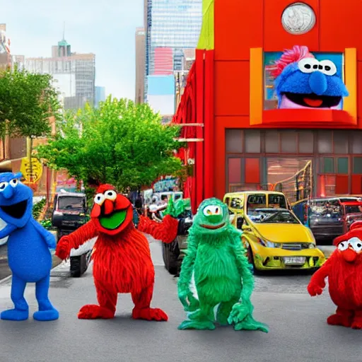 Image similar to wide angle shot of traffic on sesame street with muppets colorful cel shading, cookie monster, elmo, oscar the grouch