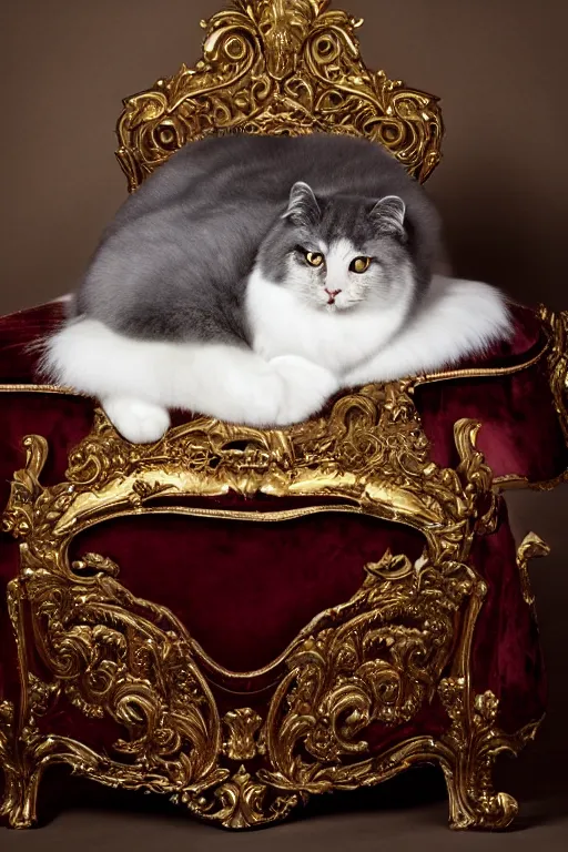 Image similar to a silver gelatin photo portrait of a magnificent fluffy fat royal cat on an embroidered velvet cushion on a neo - rococo gilded little bed, by david lachapelle, photorealistic, photography, wide shot