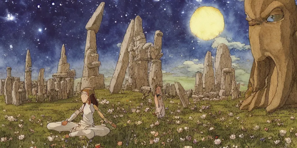 Image similar to a hyperrealist studio ghibli watercolor fantasy concept art of a giant long haired medieval monk with their heads down in lotus position in stonehenge with a starry sky in the background. a giant alien starship from independence day ( 1 9 9 6 ) is floating in the air. by rebecca guay, michael kaluta, charles vess