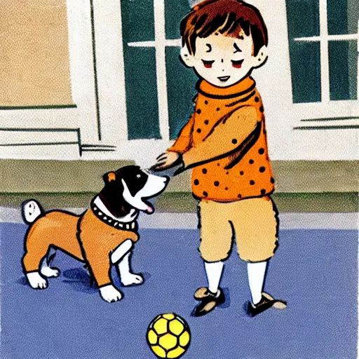 Image similar to book illustration of a french boy on the streets of paris playing football against a corgi, the dog is wearing a polka dot scarf, 1 9 6 6