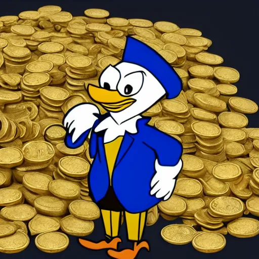 Image similar to scrooge mcduck the money bin filled with piles of gold coins and magic artifacts, artstation