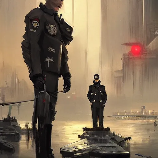 Prompt: pale, rubbery mutant with determined expression, sharp features, moist skin and wide black eyes wearing fascist Napoleonic Tang Dynasty police uniform standing on cyberpunk docks, science fiction concept art by Greg Rutkowski and Anato Finnstark