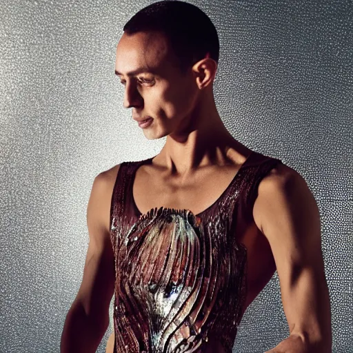 Prompt: a slim athletic beautiful latin male wearing a iris van herpen crop top, photographed by michelangelo for vogue magazine