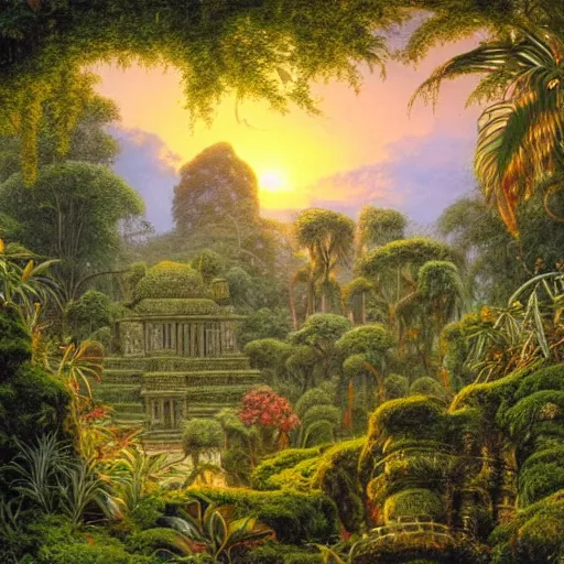 Image similar to a jungle temple surrounded by moss and tropical flowers, with a sunset, by alex horley