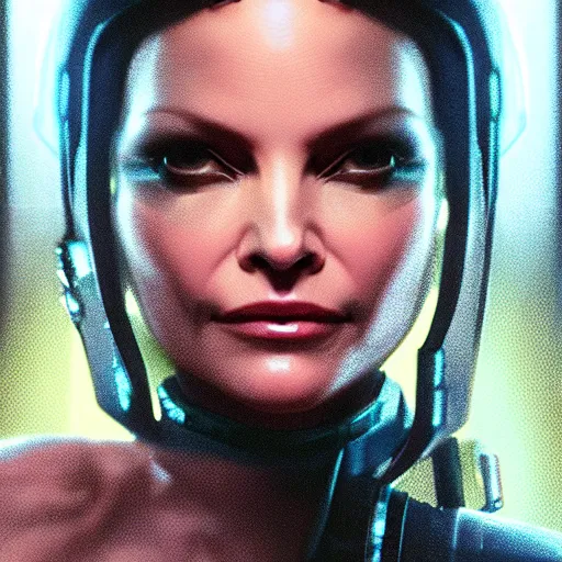 Image similar to michelle pfeiffer portrait, cyberpunk 2 0 7 7, cyberpunk judy alvarez, photorealistic, ultra detailed, neon, octane, bokeh, cinematic lighting, cyber, cyberpunk city, studio quality, feature, scars, cyberface, 8 k