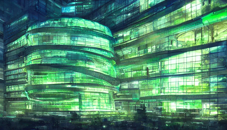 Prompt: A spiral glass building with green neon lights in a middle of a city at night, hyperdetailed, artstation, cgsociety, 8k