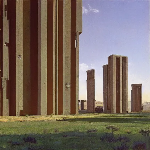 Image similar to painting of a scifi ancient civilzation victorian, brutalist architecture, william eggleston