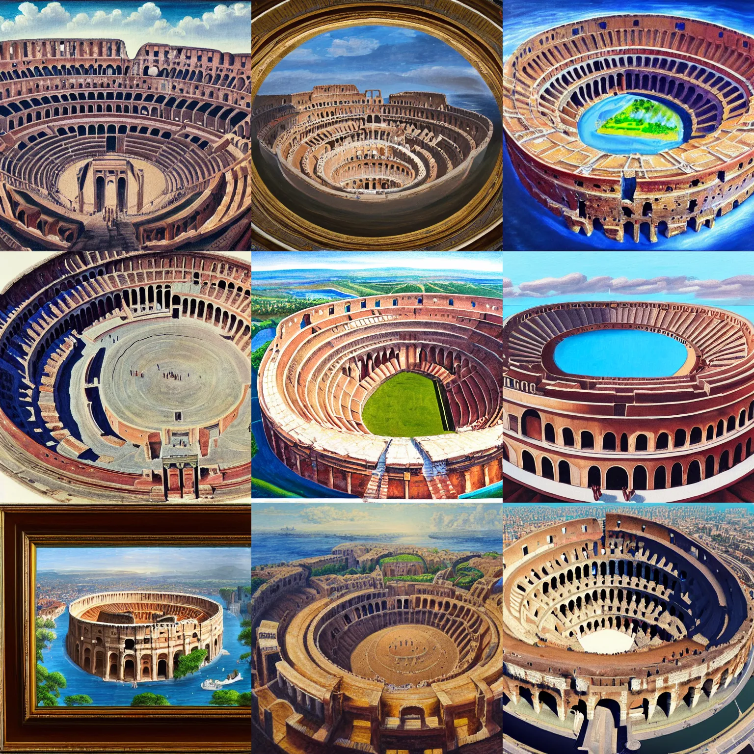 Prompt: a colosseum like arena with it's central round inner arena part surrounded with water, view from the sky, detailed painting, 8 k