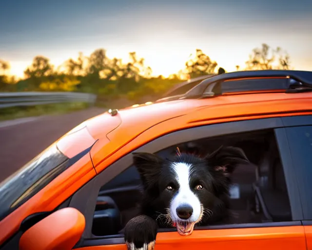 Image similar to border collie dog in the driver's seat of an orange nissan note, paws on wheel, car moving fast, rally driving photo, award winning photo, golden hour, front of car angle, extreme motion blur, 3 0 0 mm lens