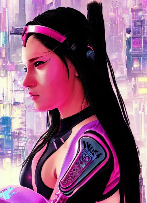 Prompt: beautiful cyberpunk female athlete in pink jumpsuit. lady cyberpunk katana. ad for cyberpunk katana. cyberpunk poster by james gurney, azamat khairov, and alphonso mucha. artstationhq. gorgeous face. painting with vivid color, cell shading. ( rb 6 s, cyberpunk 2 0 7 7 )
