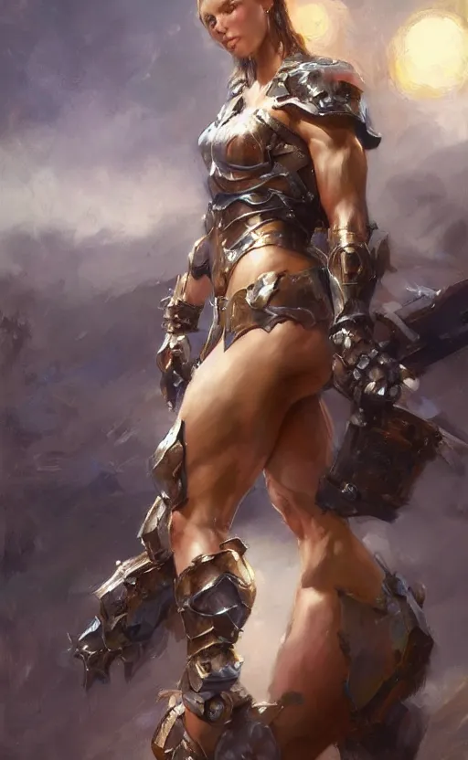 Image similar to muscular full armored girl by daniel gerhartz, colorfull, good shading, perfect lights, moonlight background, trending on art station