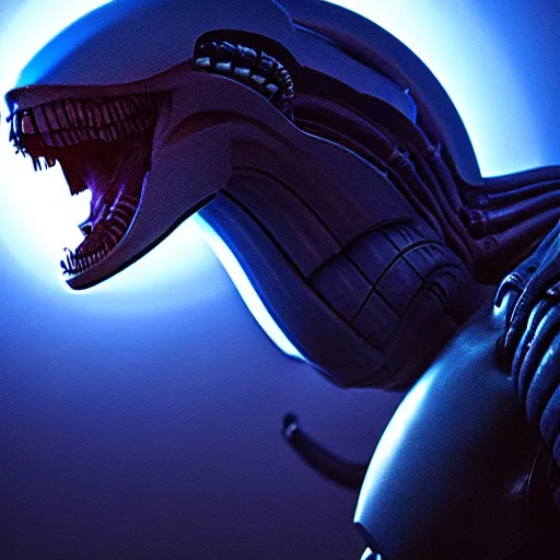 Prompt: a xenomorph looking menacingly at the camera, dramatic blue lighting