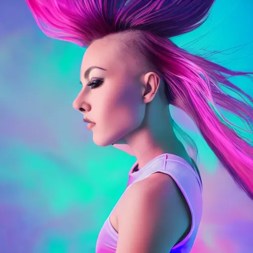 Image similar to a award winning half body portrait of a beautiful woman in a croptop with a ombre purple pink teal hairstyle with head in motion and hair flying, outrun, vaporware, vivid colors, highly detailed, fine detail, intricate