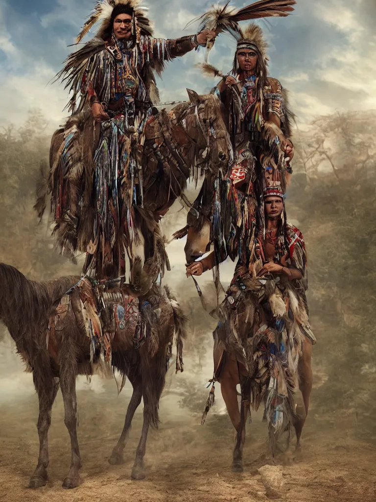 Prompt: one American Indian warrior and his horse, sacred feathers adorn, valley of quartz crystals, hyper realistic, dystopian, solarpunk, Mayan gods, realism, magical imagery, best algorithm, digital cinema camera, cooke lens feel, wide angle, 3D modelling, digital art, art by Zbrush