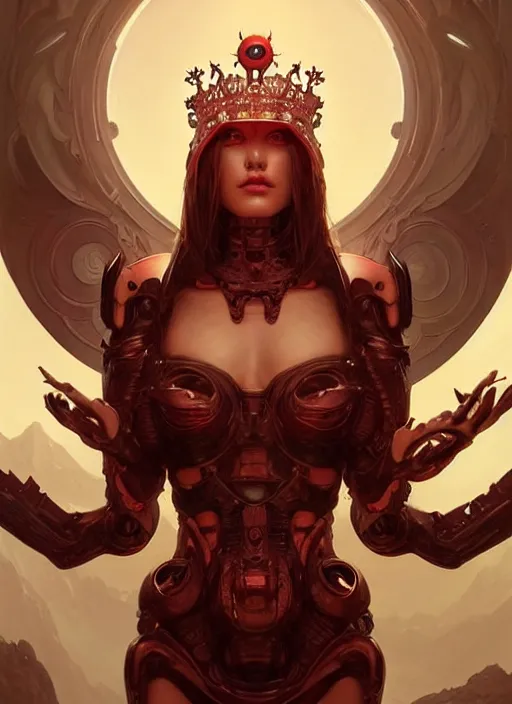 Image similar to concept art by artgerm, attractive i robot demon queen with crown and red eyes, soft natural light, intricate, elegant, highly detailed, mountain background with houses and river, digital painting, artstation, concept art, smooth, sharp focus, illustration, art by greg rutkowski and alphonse mucha and uang guangjian and gil elvgren, symmetry!!