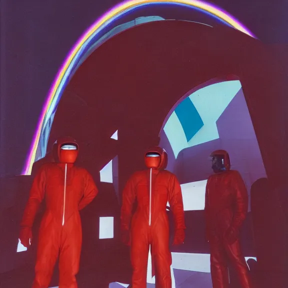 Image similar to two time pilots wearing red rick owens pilot suits inside the glowing geometric rainbow portal to the sixth dimension by frank frazetta