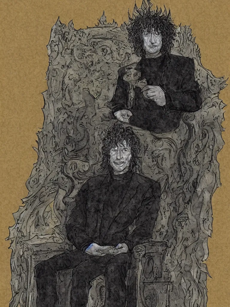 Image similar to portrait of king neil gaiman on his throne, in the style of mike dringenberg and dave mckean