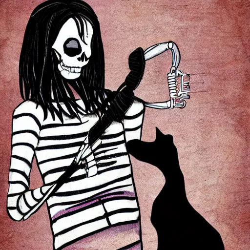 Image similar to skeleton wearing headphones watching girl playing guitar with her black cat standing next to her, digital art