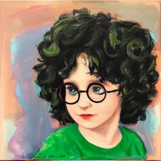 Prompt: a cute girl with a big curly black hair, wears a green shirt, she wears harry potter glasses, oil painting