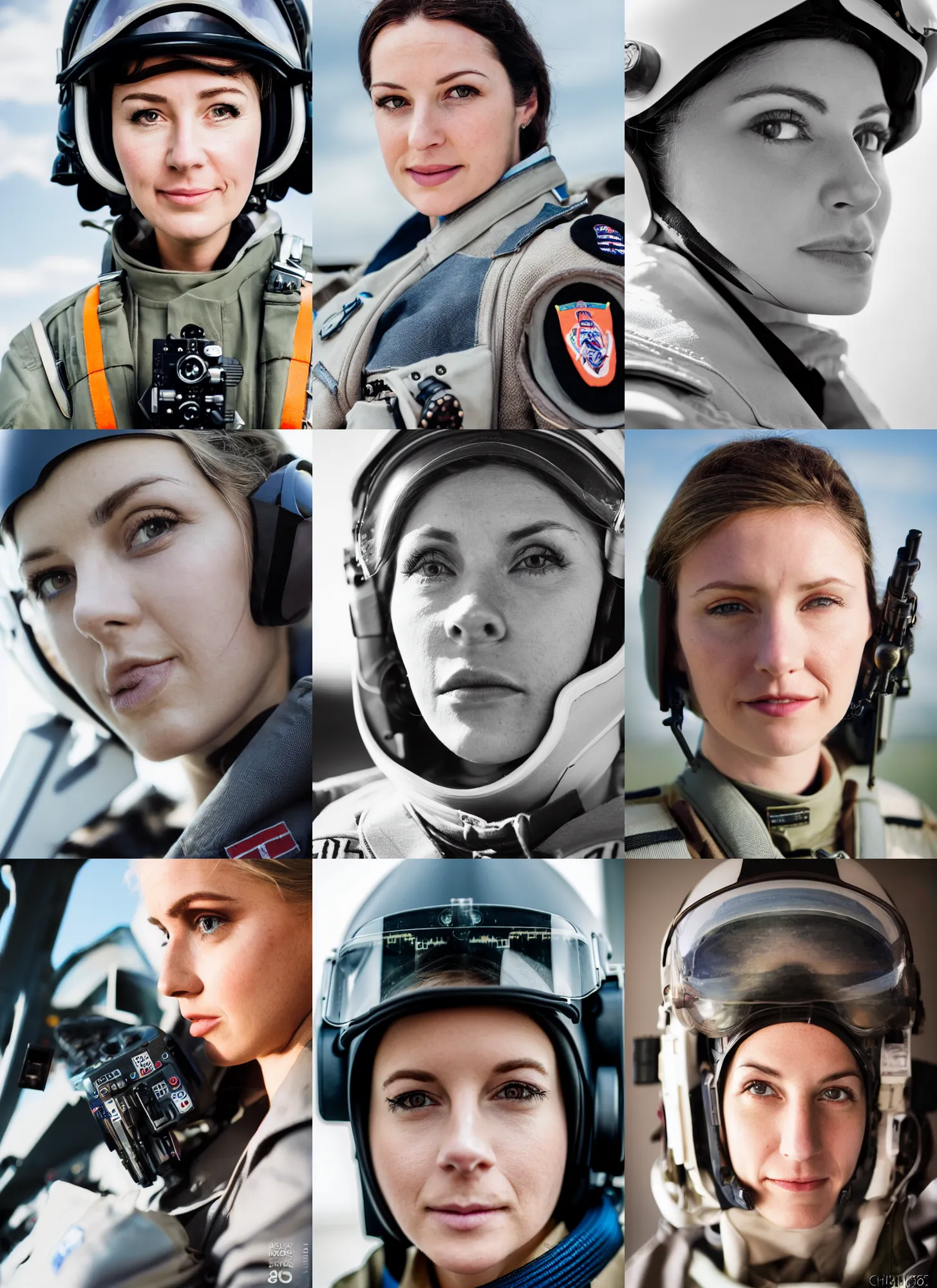 Prompt: portrait of female pilot wearing, by charlotte grimm, natural light, detailed face, canon eos c 3 0 0, ƒ 1. 8, 3 5 mm, 8 k, medium - format print