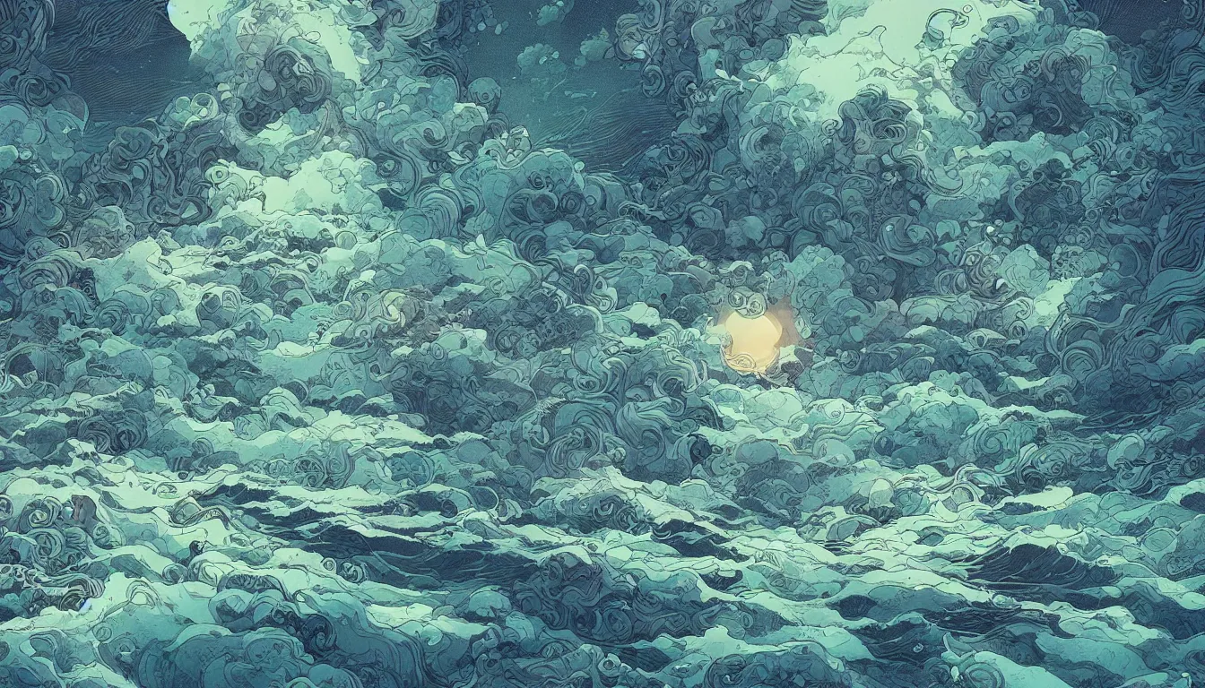 Image similar to ocean storm, chinese ink brush, yukio - e, kilian eng, victo ngai, josan gonzalez