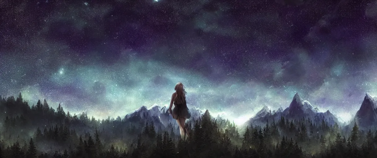 Prompt: digital photography of a ultra detailed night sky with constellations, detailed very beautiful girl with short hair swimming in a blue pool, Perseides meteor shower, ultra detailed hill top over behind a forest, large mountains in back, concept art, low angle, high detail, warm lighting, volumetric, vivid, beautiful, trending on artstation, by Jordan Grimmer, no focus, huge scene, ultra detailed trees, F11 aperture, in the style of JIM RICHARDSON